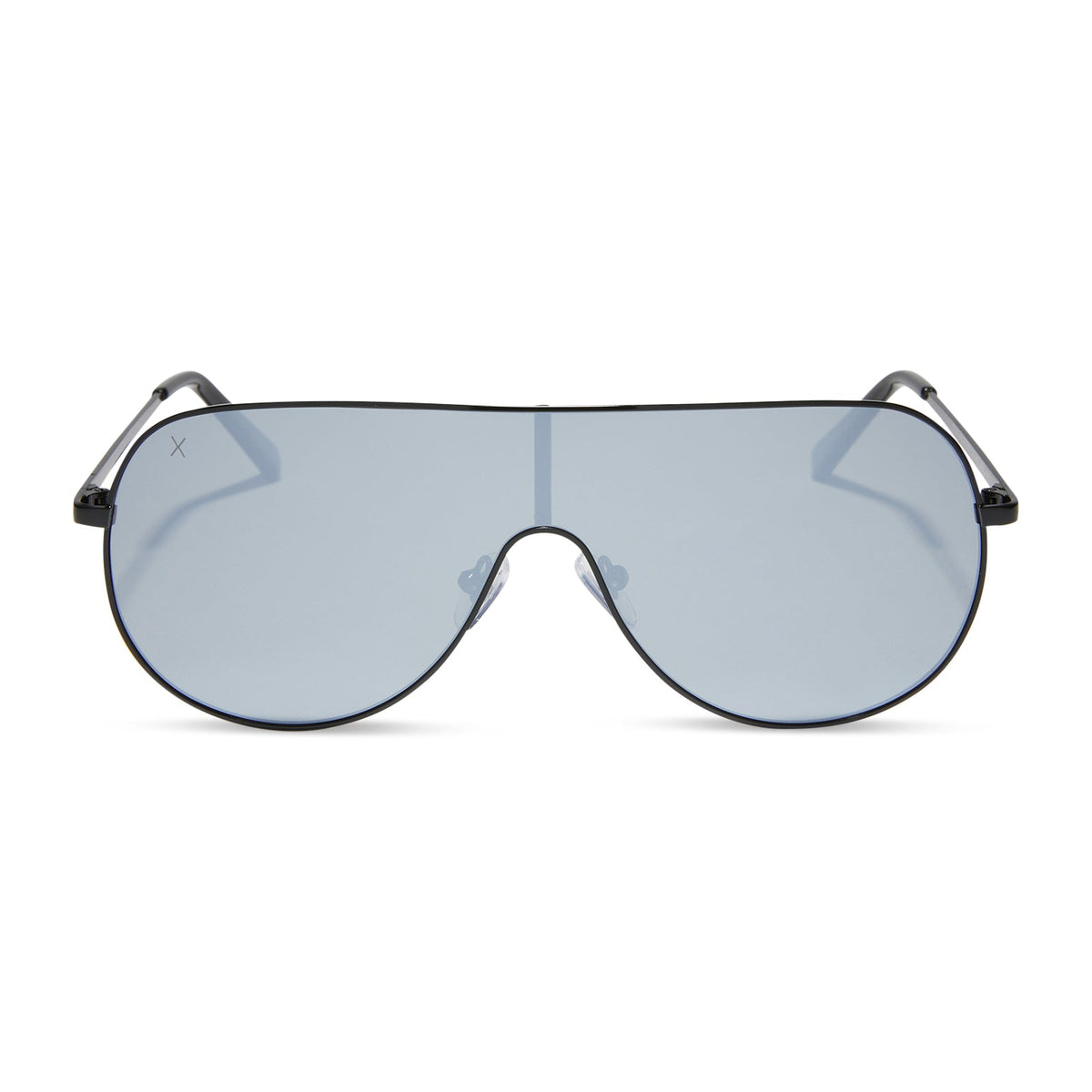 dime optics tarzana shield sunglasses with a black metal frame and grey with silver flash polarized lenses front view