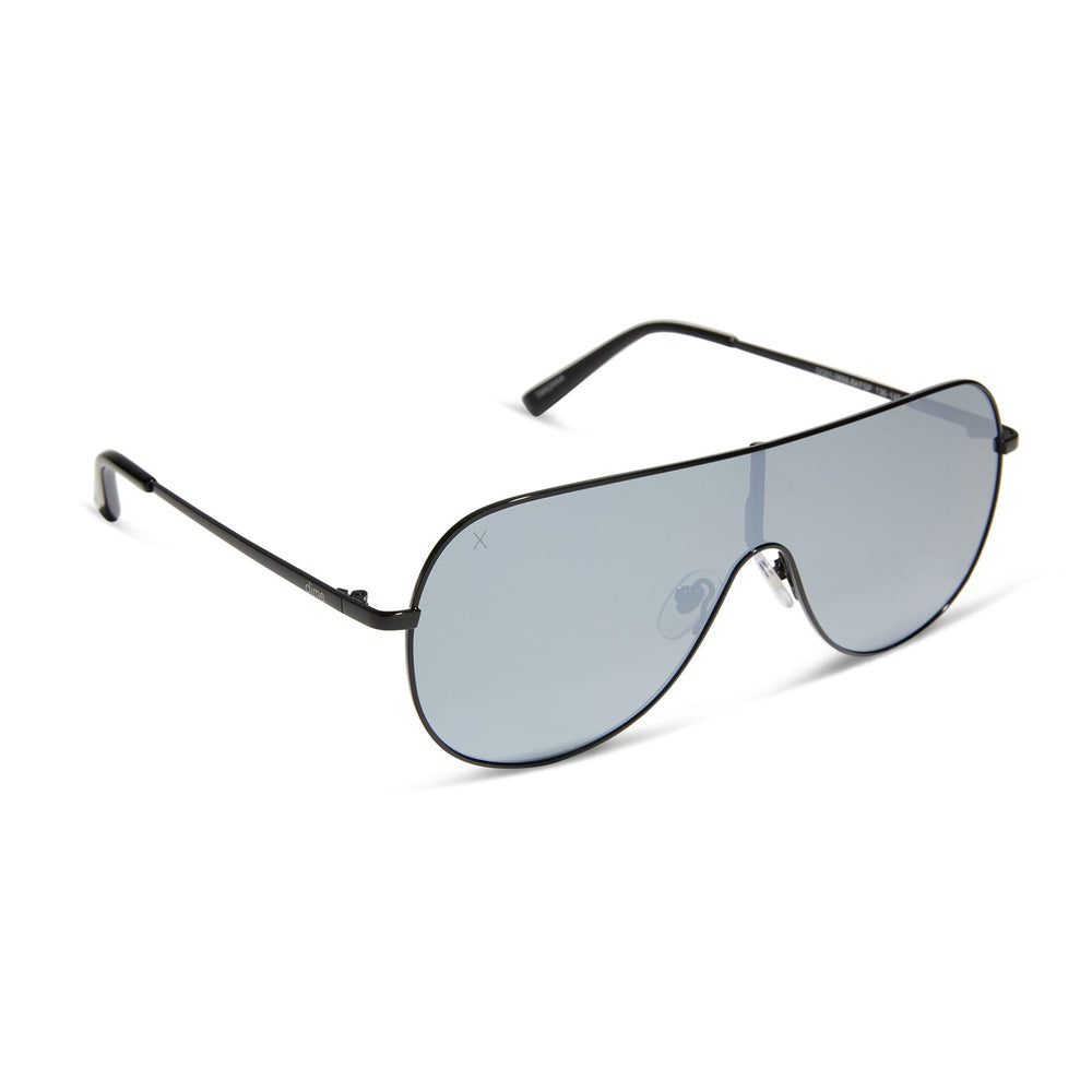 dime optics tarzana shield sunglasses with a black metal frame and grey with silver flash polarized lenses angled view