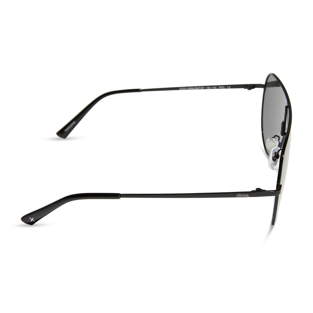 dime optics tarzana shield sunglasses with a black metal frame and grey with silver flash polarized lenses side view