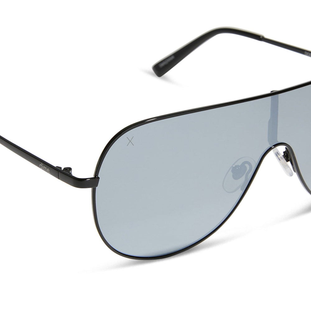 dime optics tarzana shield sunglasses with a black metal frame and grey with silver flash polarized lenses detailed view