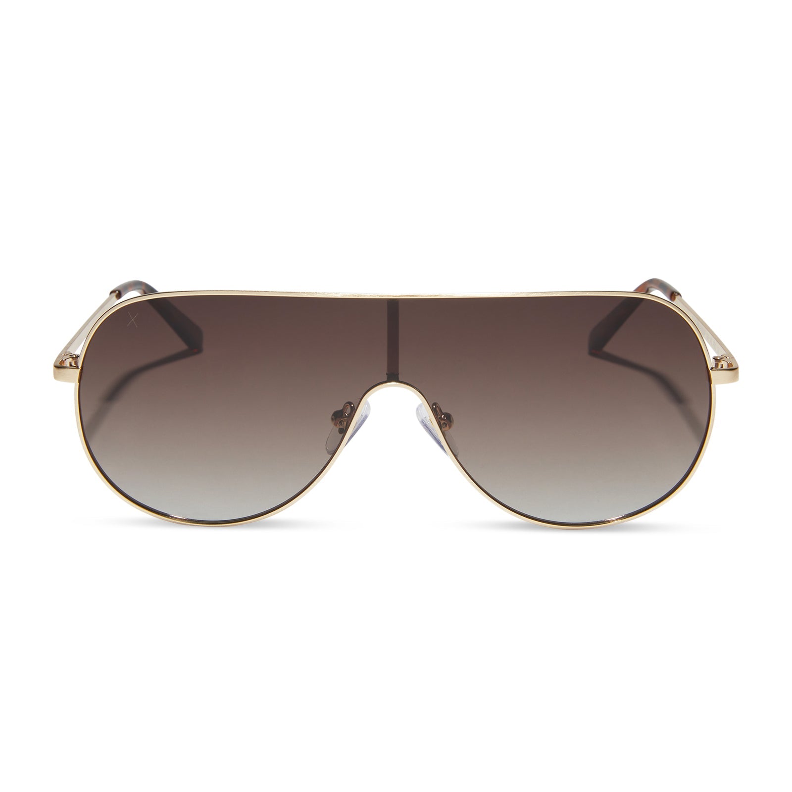 dime optics tarzana shield sunglasses with a brushed gold metal frame and brown gradient polarized lenses front view
