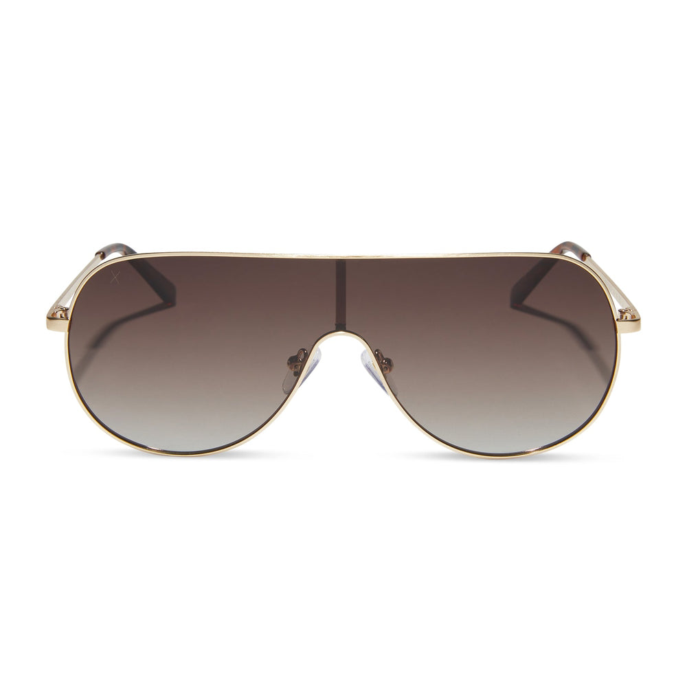 dime optics tarzana shield sunglasses with a brushed gold metal frame and brown gradient polarized lenses front view