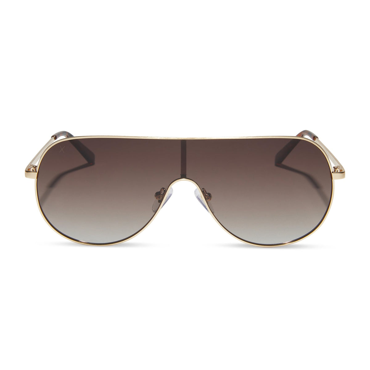 dime optics tarzana shield sunglasses with a brushed gold metal frame and brown gradient polarized lenses front view