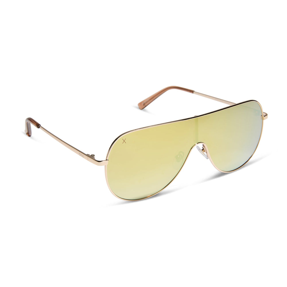 dime optics tarzana shield sunglasses with a brushed gold metal frame and gold mirror polarized lenses angled view