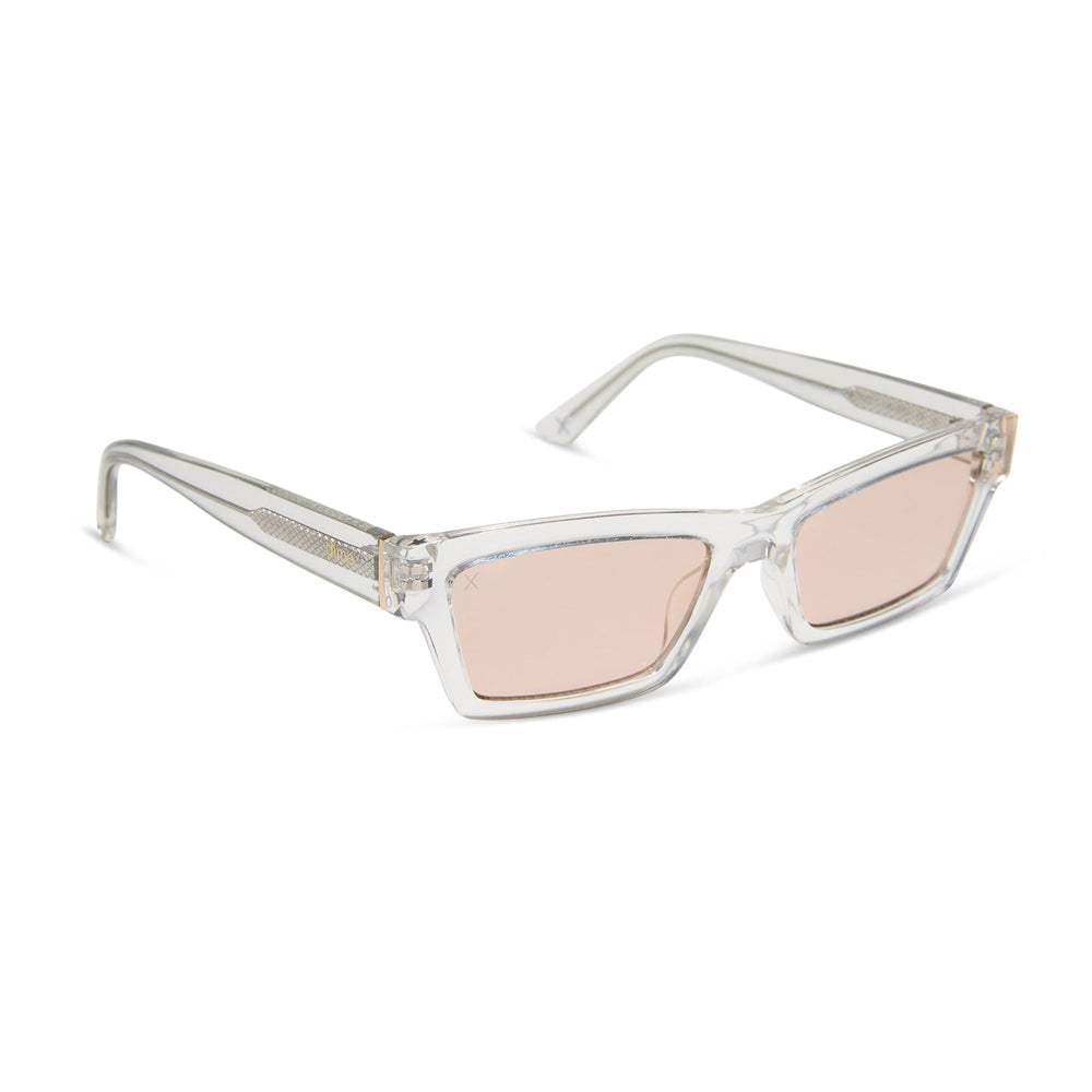 dime optics laurel cat eye sunglasses with a translucent clear frame and rose pink with gold flash lenses angled view