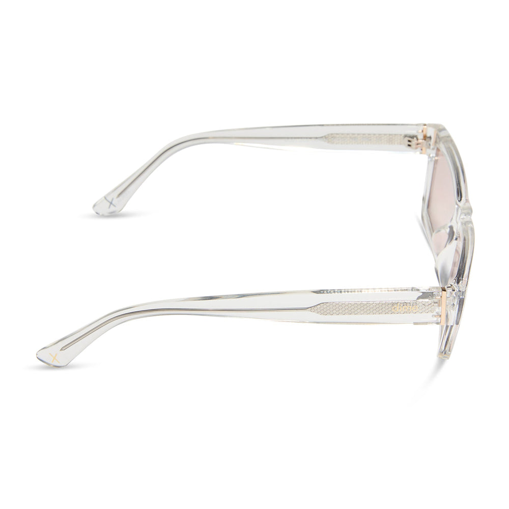 dime optics laurel cat eye sunglasses with a translucent clear frame and rose pink with gold flash lenses side view