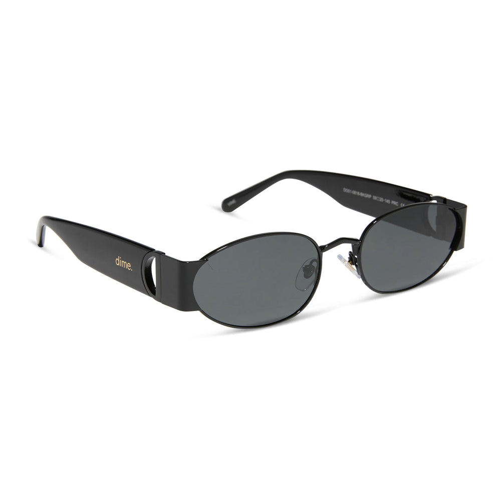 dime optics featuring the vine rectangular sunglasses with a black frame and grey lenses angled view