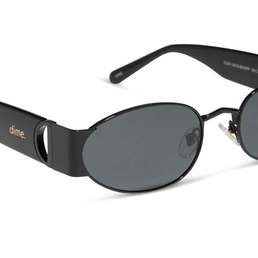 dime optics featuring the vine rectangular sunglasses with a black frame and grey lenses detailed view
