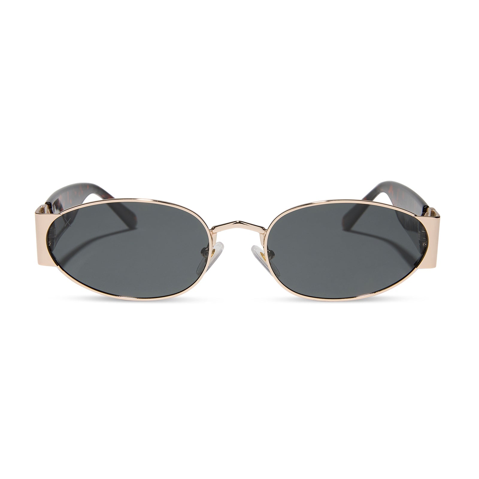 dime optics featuring the vine rectangular sunglasses with a gold and tortoise frame and grey lenses front view