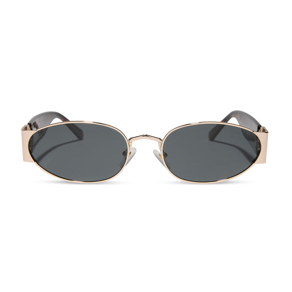 dime optics featuring the vine rectangular sunglasses with a gold and tortoise frame and grey lenses front view