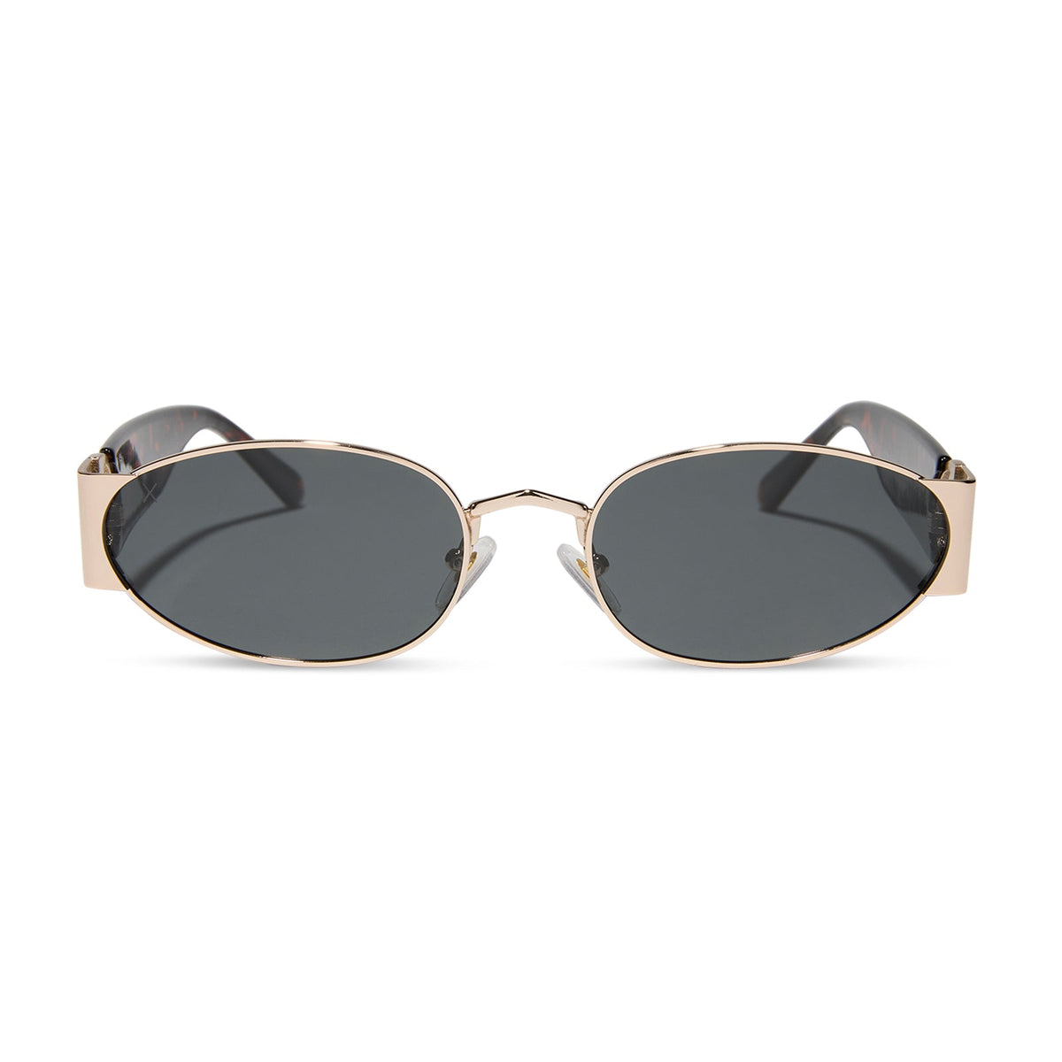 dime optics featuring the vine rectangular sunglasses with a gold and tortoise frame and grey lenses front view