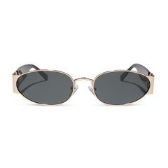 dime optics featuring the vine rectangular sunglasses with a gold and tortoise frame and grey lenses front view