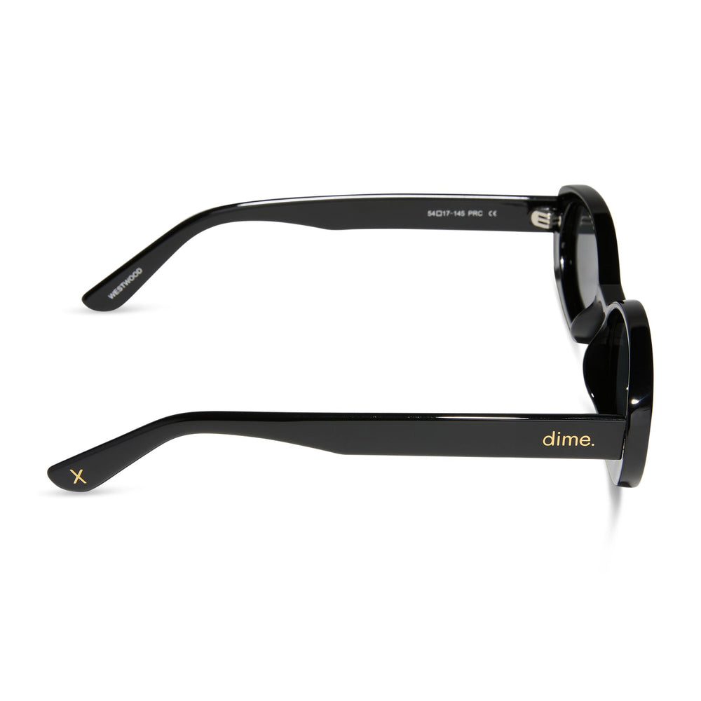 dime optics westwood round sunglasses with a black frame and grey polarized lenses side view