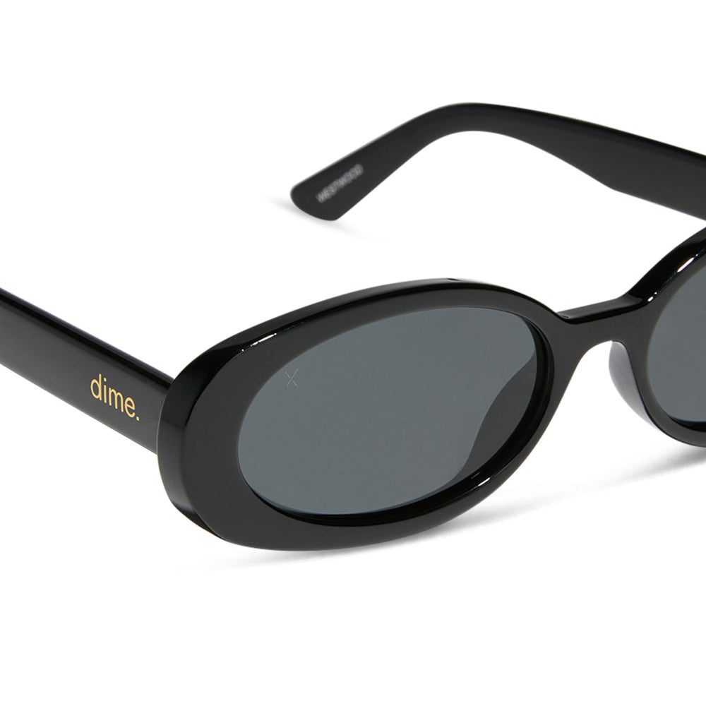 dime optics westwood round sunglasses with a black frame and grey polarized lenses detailed view