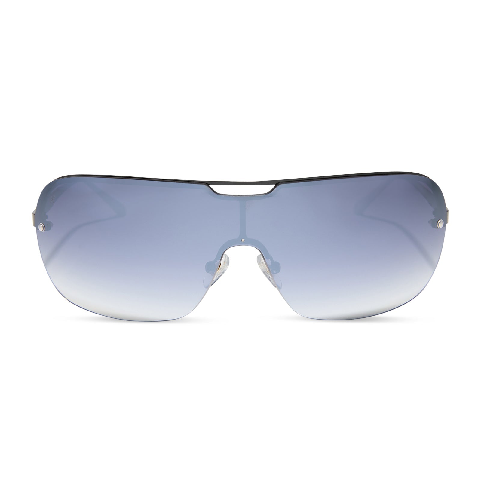 dime optics wilshire shield metal sunglasses with a black frame and grey to clear gradient flash lenses front view