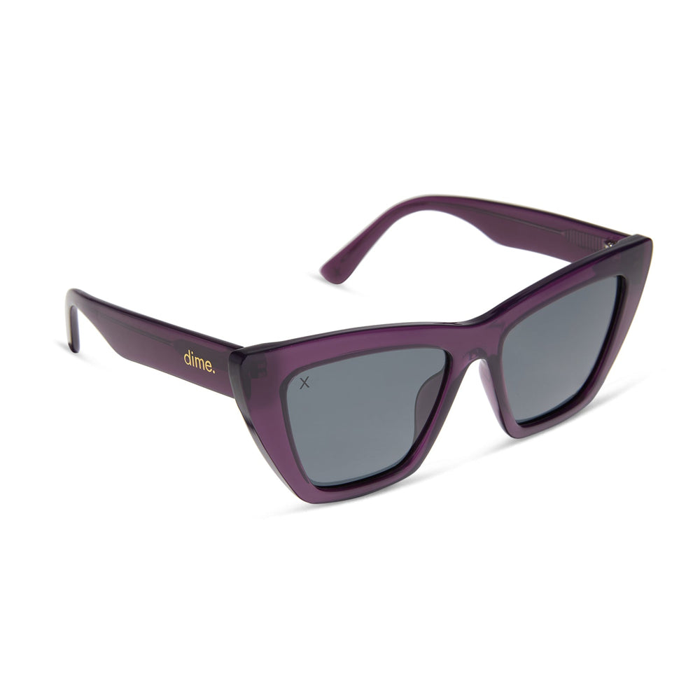 dime optics featuring the windsor cat eye sunglasses with a amethyst purple frame and grey polarized lenses angled view