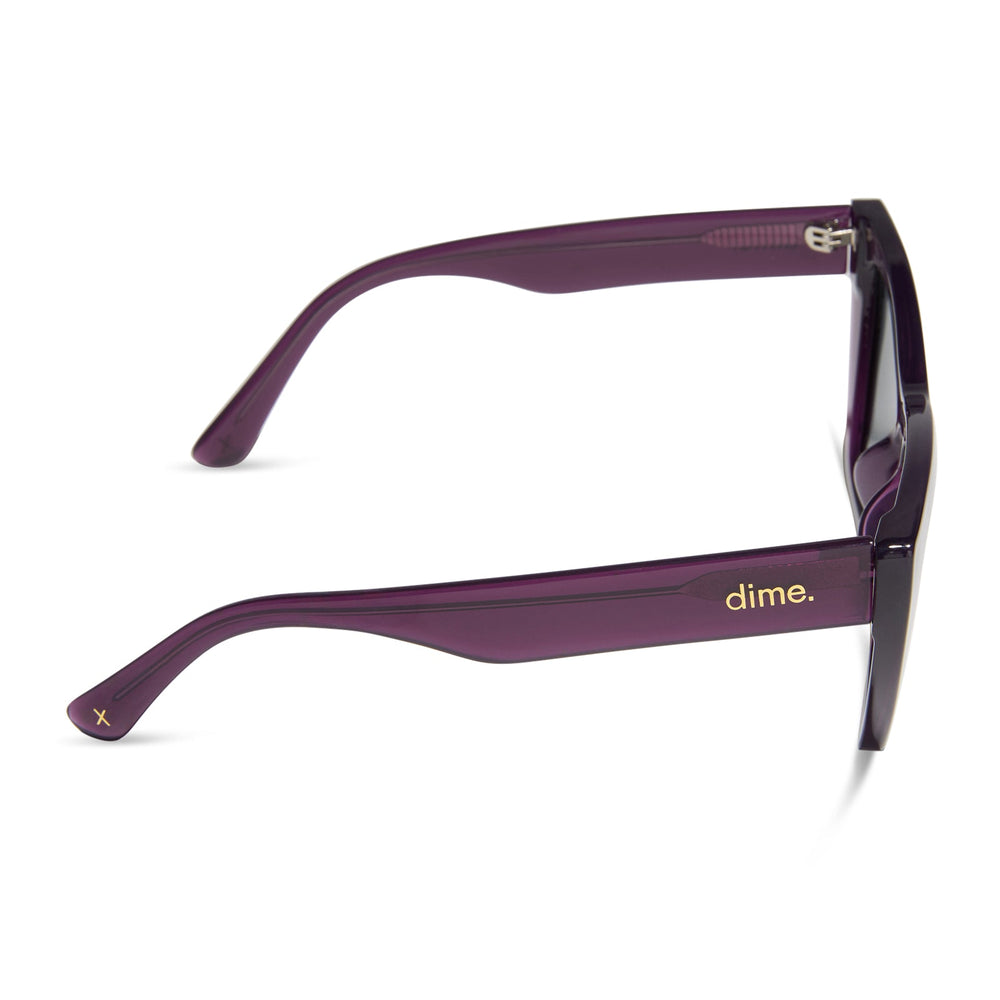 dime optics featuring the windsor cat eye sunglasses with a amethyst purple frame and grey polarized lenses side view