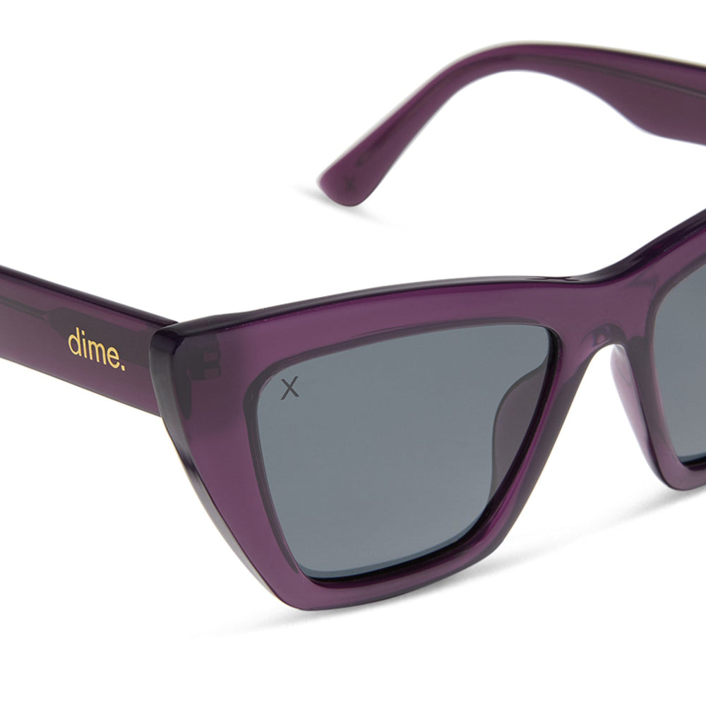 dime optics featuring the windsor cat eye sunglasses with a amethyst purple frame and grey polarized lenses detailed view