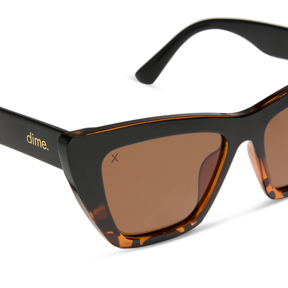 dime optics featuring the windsor cat eye sunglasses with a black tortoise frame and brown polarized lenses detailed view